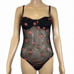 Princess Polly Black Sheer Mesh  Bodysuit  Floral Design size 6